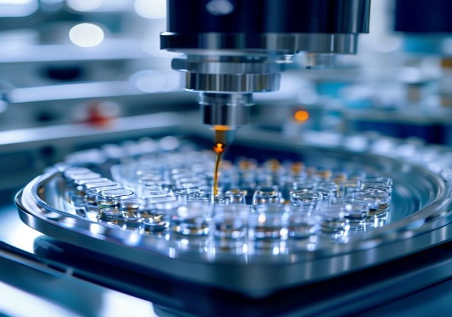 Close-up of an analytical autosampler processing laboratory sample vials